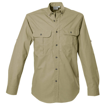 Front view of a Men's Safari Shirt in Long Sleeves, color Khaki. The shirt has two flap-covered chest pockets, button-down collars, buttoned Swiss tabs on the sleeves, a button-front placket, double stitching throughout, and long rounded tails for tucking into pants. 100% cotton.