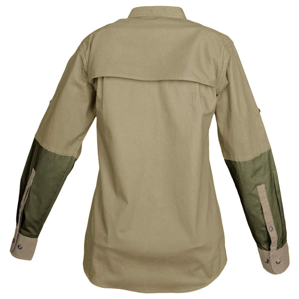 Back of a Woman's Clay Bird Shirt in Long Sleeves, color Khaki/Moss. The shirt has a mesh-lined vented back, contrasted forearms, double stitching throughout, and long rounded tails for tucking into pants. 100% cotton.