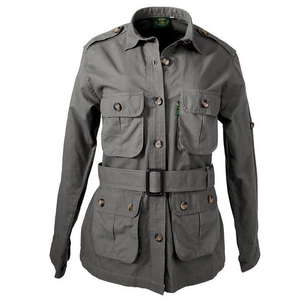 Front view of a Women's Safari Jacket, color Olive. The jacket has two large flap-covered cargo-style chest pockets, two large flap-covered cargo-style waist pockets, functional cross-stitched shoulder straps, Swiss roll-up tabs on the sleeves, a button-front placket, a buckled waist belt, and double stitching throughout. 100% cotton.