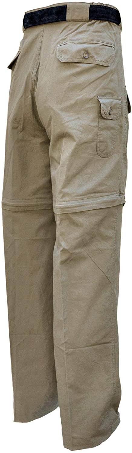 Back of Men's Zambezi Convertible Pants, color Khaki. The pants have removable mid-thigh zippered legs, two flap-covered pockets on the seat, a flap-covered utility pocket on the side, expandable waist panels, oversized belt loops, and double stitching throughout. 100% cotton.