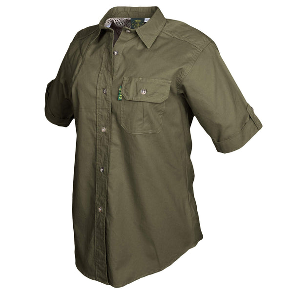 Side of a Woman's Clay Bird Shirt in Short Sleeves, color Moss. The shirt has a quilted recoil pad at the right shoulder, a flap-covered chest pocket, a button-front placket, a stitched FITASC gun position line, double stitching throughout, and long rounded tails for tucking into pants. 100% cotton.
