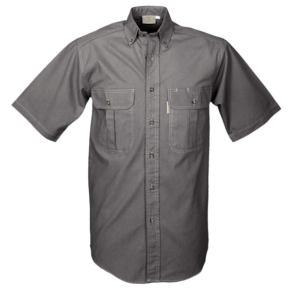 Front view of a Men's Safari Shirt in Short Sleeves, color Olive. The shirt has two flap-covered chest pockets, button-down collars, buttoned roll-up tabs on the sleeve cuffs, a button-front placket, double stitching throughout, and long rounded tails for tucking into pants. 100% cotton.