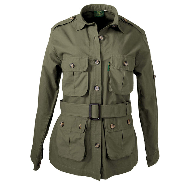 Front view of a Women's Safari Jacket, color Moss. The jacket has two large flap-covered cargo-style chest pockets, two large flap-covered cargo-style waist pockets, functional cross-stitched shoulder straps, Swiss roll-up tabs on the sleeves, a button-front placket, a buckled waist belt, and double stitching throughout. 100% cotton.
