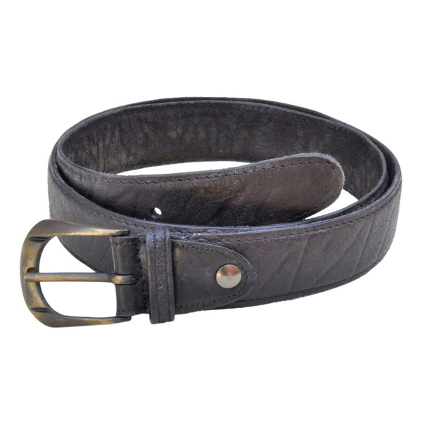 Front view of a Cape Buffalo Game Skin Belt, color Black. The belt has a solid brass buckle, five waist adjustment positioning holes, two Chicago-style belt length adjustment screws, a matching leather keeper loop, and a Tag Safari logo branded inside. Genuine game skin leather.