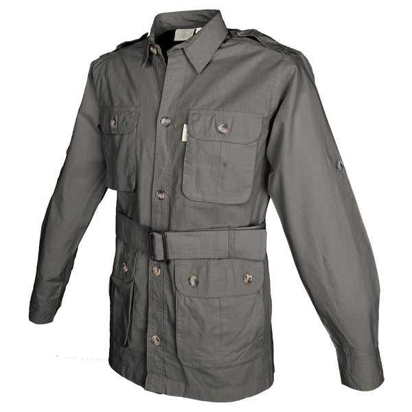 Side view of a Men's Safari Jacket, color Olive. The jacket has two large flap-covered cargo-style chest pockets, two large flap-covered cargo-style waist pockets, functional cross-stitched shoulder straps, Swiss roll-up tabs on the sleeves, a button-front placket, a buckled waist belt, and double stitching throughout. 100% cotton.
