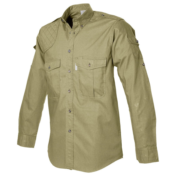 Side view of a Men's Shooter Shirt in Long Sleeves, color Khaki. The shirt has a quilted shooting pad at the right shoulder, ammo pockets on the sleeves, two flap-covered chest pockets, button-down collars, functional cross-stitched shoulder straps, a button-front placket, double stitching throughout, and long rounded tails for tucking into pants. 100% cotton.