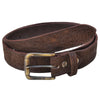 Front view of a Warthog Game Skin Belt, color Brown. The belt has a solid brass buckle, five waist adjustment positioning holes, two Chicago-style belt length adjustment screws, a matching leather keeper loop, and a Tag Safari logo branded inside. Genuine game skin leather.
