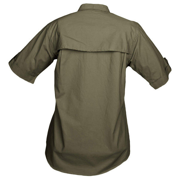 Back of a Woman's Clay Bird Shirt in Short Sleeves, color Moss. The shirt has a mesh-lined vented back, double stitching throughout, and long rounded tails for tucking into pants. 100% cotton.