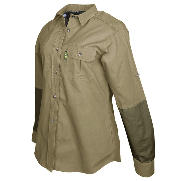 Side of a Woman's Clay Bird Shirt in Long Sleeves, color Khaki/Moss. The shirt has a quilted recoil pad at the right shoulder, contrasted forearms, a flap-covered chest pocket, a button-front placket, a stitched FITASC gun position line, double stitching throughout, and long rounded tails for tucking into pants. 100% cotton.