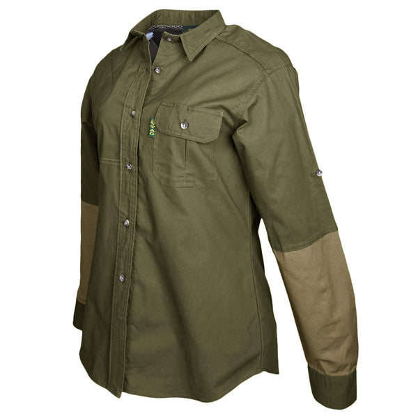 Side of a Woman's Clay Bird Shirt in Long Sleeves, color Moss/Khaki. The shirt has a quilted recoil pad at the right shoulder, contrasted forearms, a flap-covered chest pocket, a button-front placket, a stitched FITASC gun position line, double stitching throughout, and long rounded tails for tucking into pants. 100% cotton.