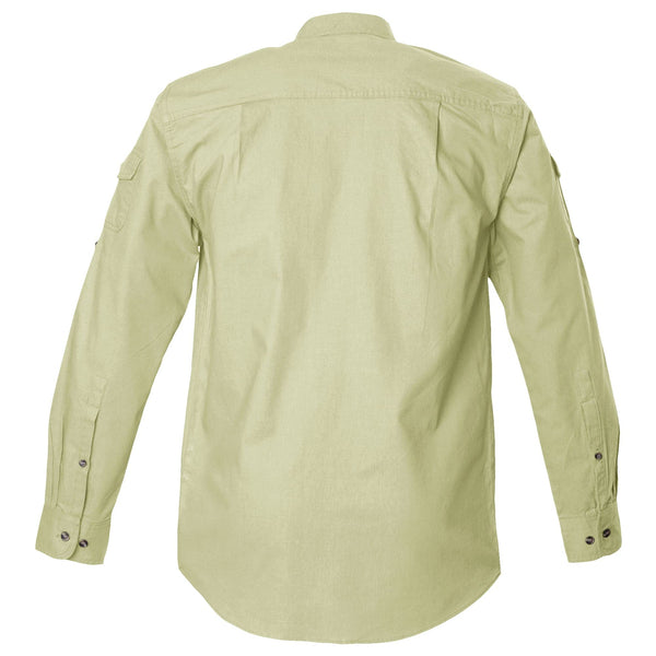 Back view of a Men's Shooter Shirt in Long Sleeves, color Stone. The shirt has functional cross-stitched shoulder straps, double stitching throughout, and long rounded tails for tucking into pants. 100% cotton.