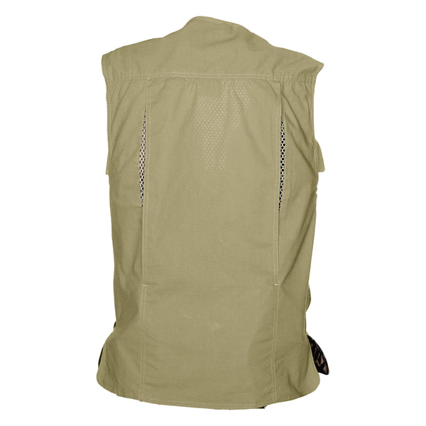 Back of a Women's Livingstone Safari Vest, color Khaki. The vest has a mesh-lined vented back, a double yolk, and double stitching throughout. 100% cotton.