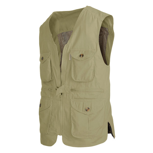 Side of a Women's Livingstone Safari Vest, color Khaki. The vest has two flap-covered chest pockets, two zippered pockets at the hip, two flap-covered expandable pockets at the waist, a full zippered front with a buttoned tab, a mesh vent liner, a printed cotton inside liner, and double stitching throughout. 100% cotton.