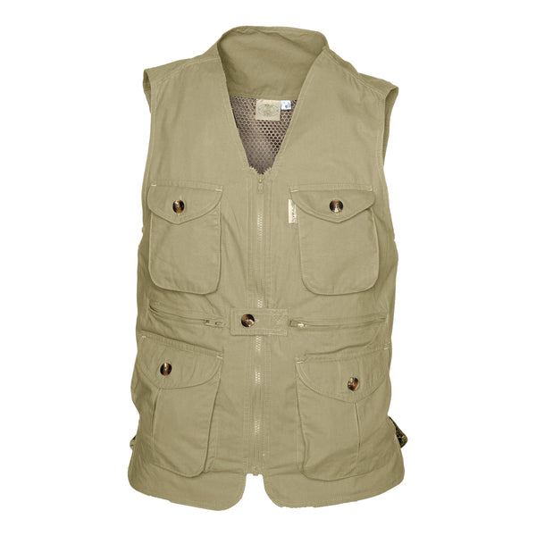 Front of a Women's Livingstone Safari Vest, color Khaki. The vest has two flap-covered chest pockets, two zippered pockets at the hip, two flap-covered expandable pockets at the waist, a full zippered front with a buttoned tab, a mesh vent liner, a printed cotton inside liner, and double stitching throughout. 100% cotton.