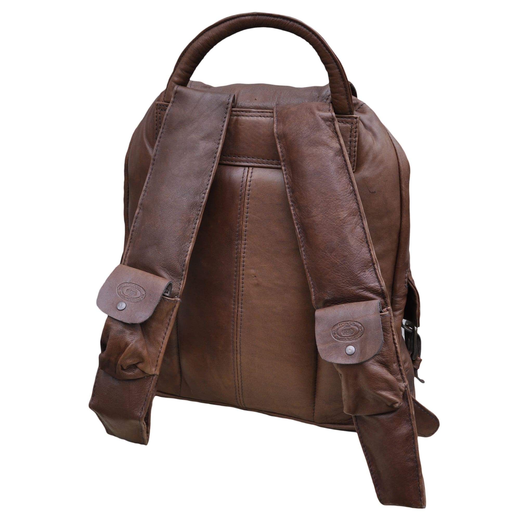 Buffalo Leather Backpack from Tag Safari in Brown features a buckled-flap top with embossed Tag logo, a cushioned handle, front and side flap-covered pockets, and adjustable padded shoulder straps with small flap-covered pouches.--2
