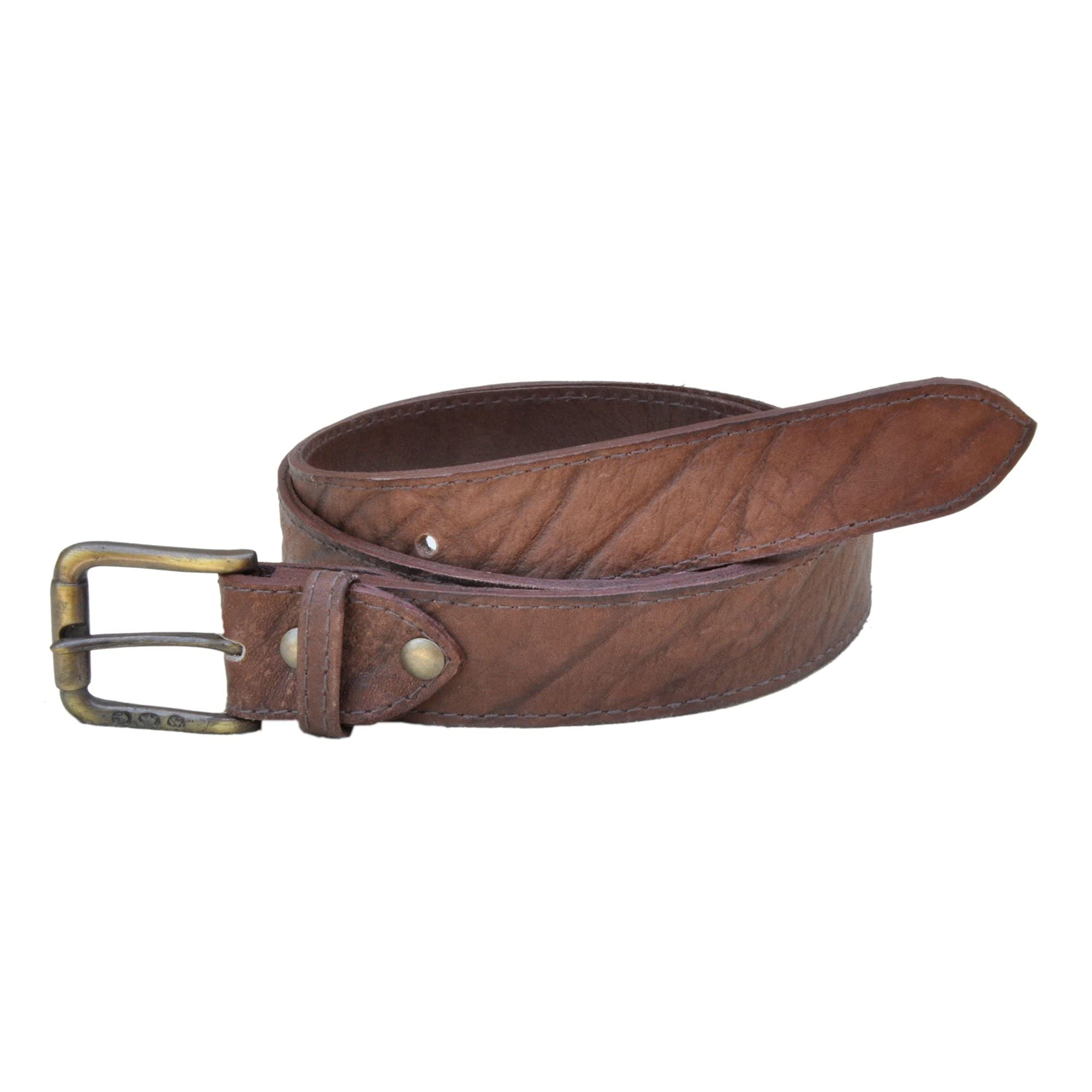 Buffalo Leather Belt from Tag Safari in Brown features a removable brass buckle, matching fixed belt keeper, waist adjustment holes, belt length adjustment screws, and an inside Tag branded logo.--6