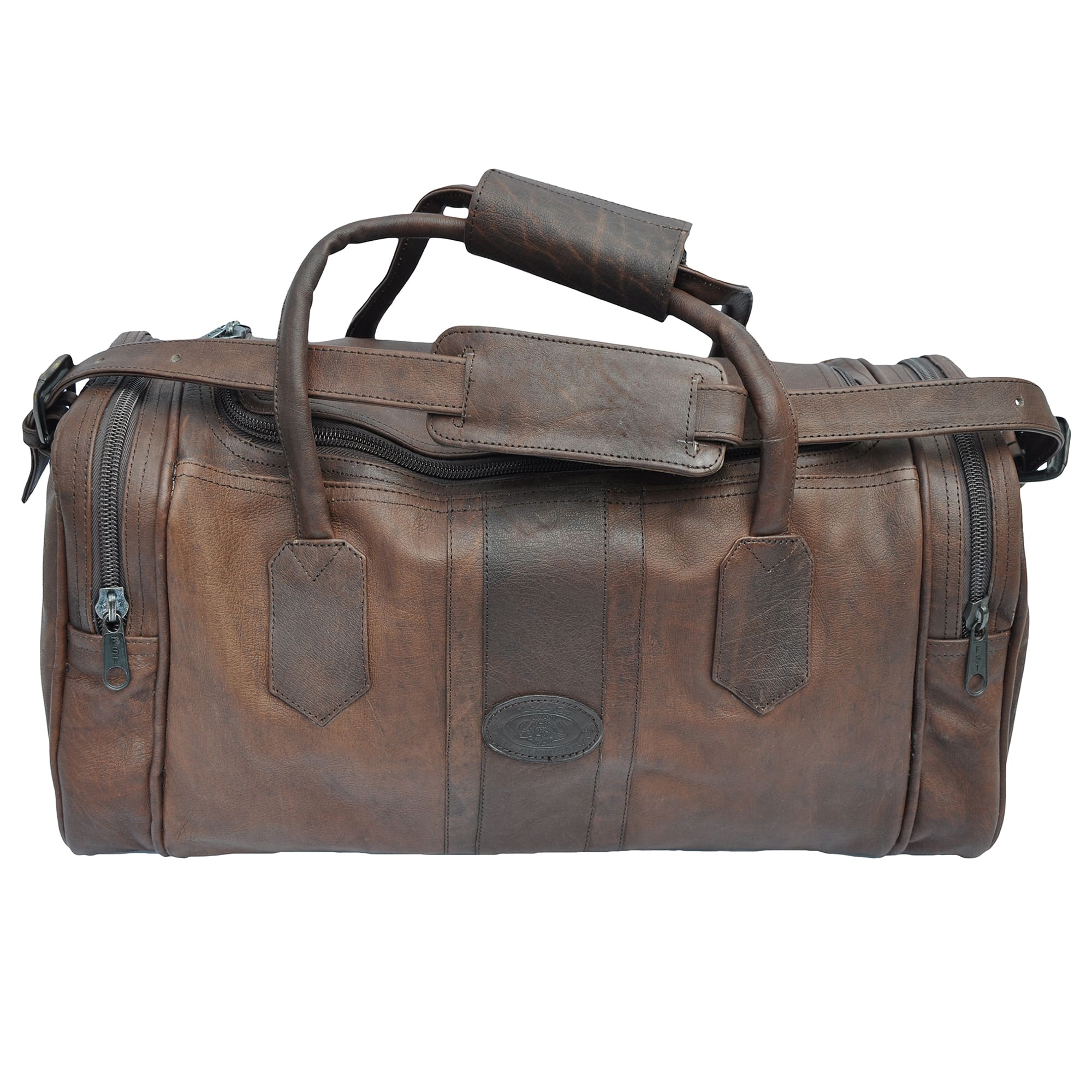 Buffalo Leather Duffle from Tag Safari in Brown features a full zippered top opening, zippered pouches on each end, an adjustable padded shoulder strap, cushioned handles, and an embossed Tag logo leather patch.--1