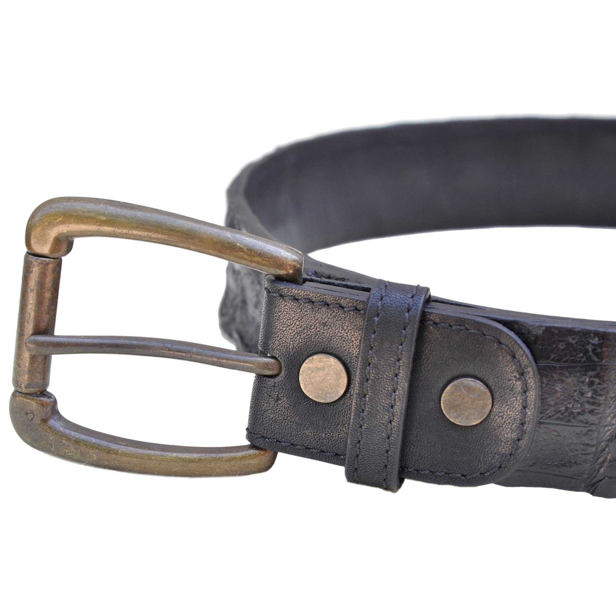 Caiman Crocodile Leather Belt from Tag Safari in Black features a removable brass buckle, matching fixed belt keeper, waist adjustment holes, belt length adjustment screws, and an inside Tag branded logo.--2