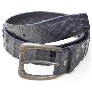 Caiman Crocodile Leather Belt from Tag Safari in Black features a removable brass buckle, matching fixed belt keeper, waist adjustment holes, belt length adjustment screws, and an inside Tag branded logo.