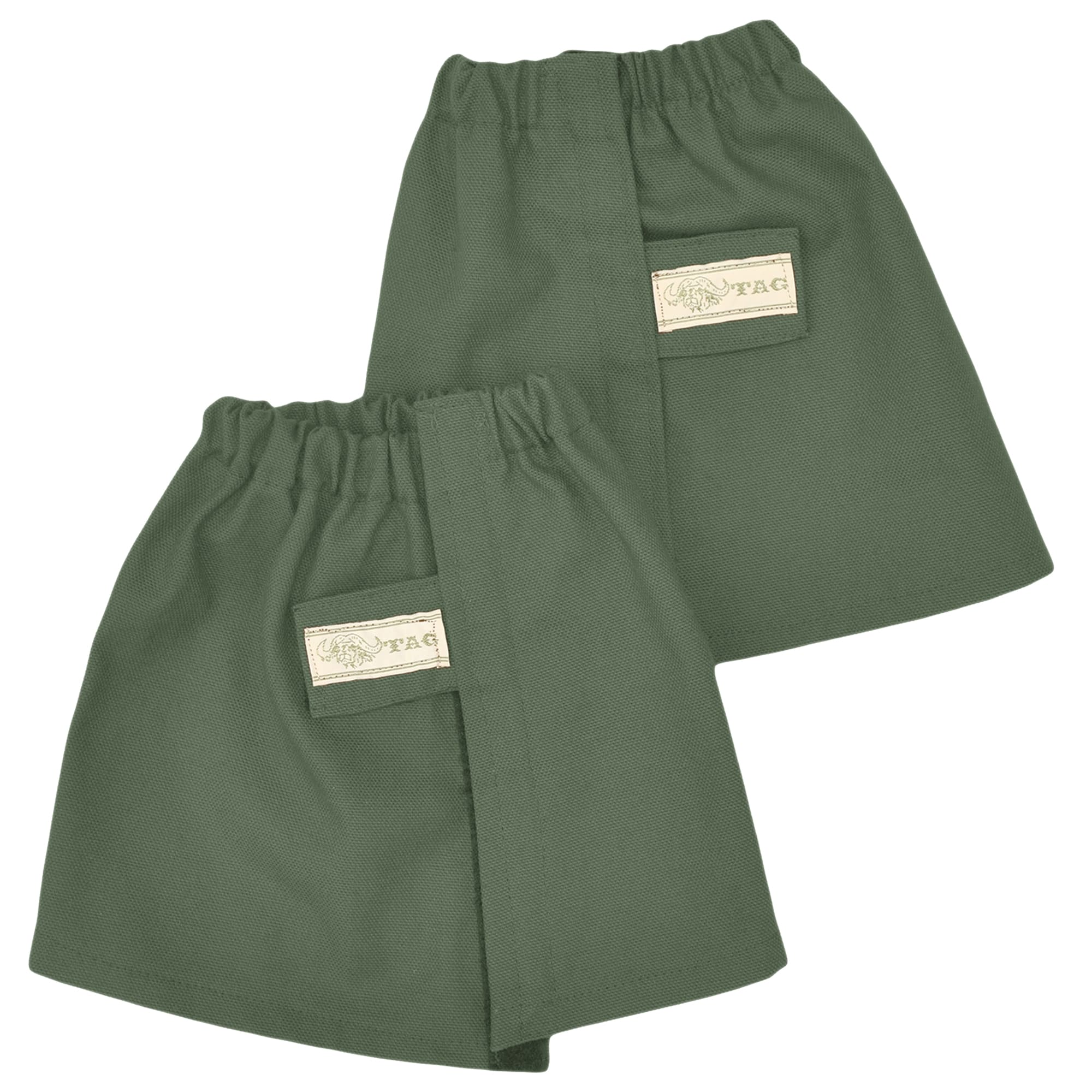 Back view of Tag Safari Canvas Ankle Gaiters in Forest Green. Shows an elasticized top, a full-height Velcro closure, and a fabric Velcro strap with a Tag nameplate.--5