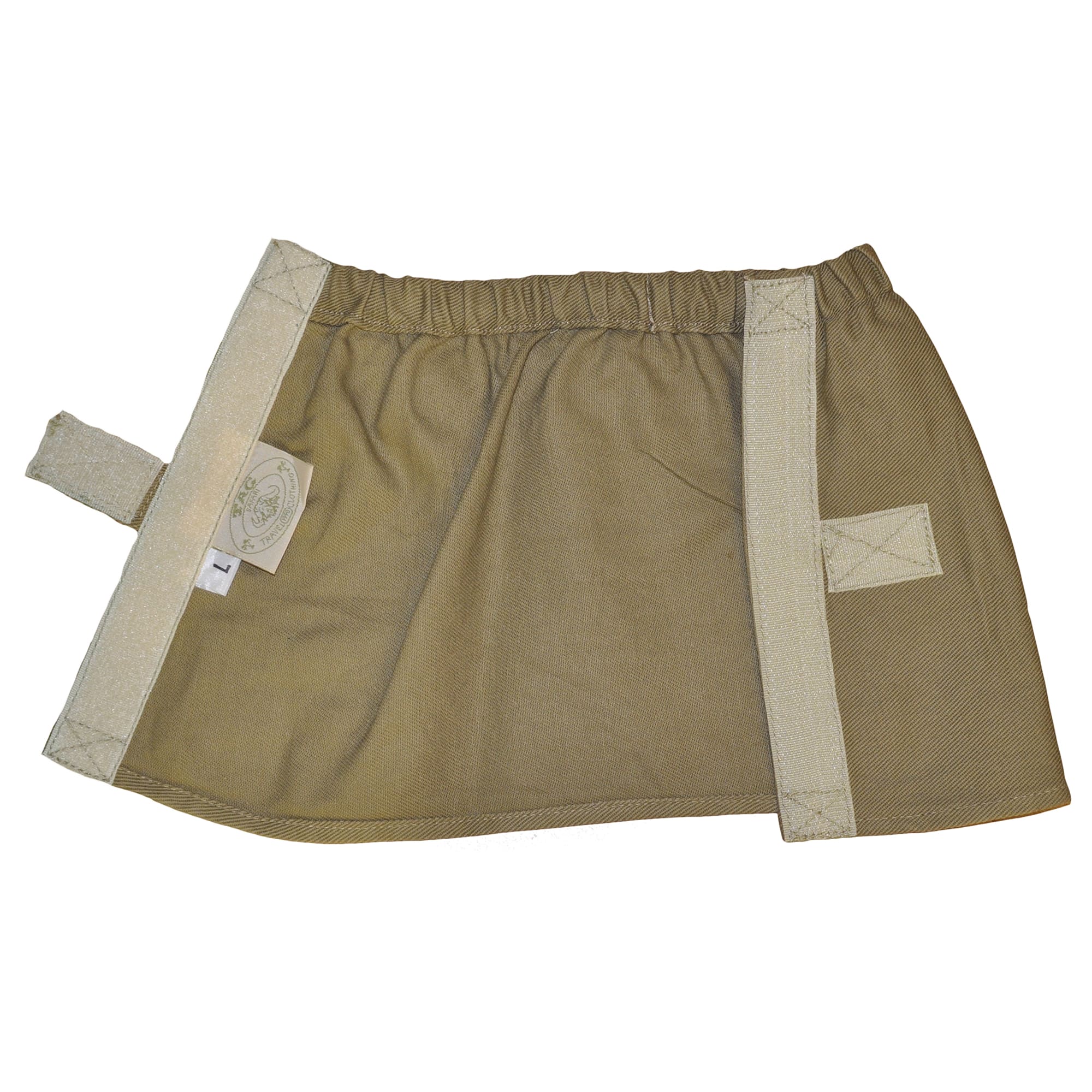Opened view of a Tag Safari Canvas Ankle Gaiter in khaki. Shows an elasticized top, a full-height Velcro closure, and a fabric Velcro strap with a Tag nameplate.--2