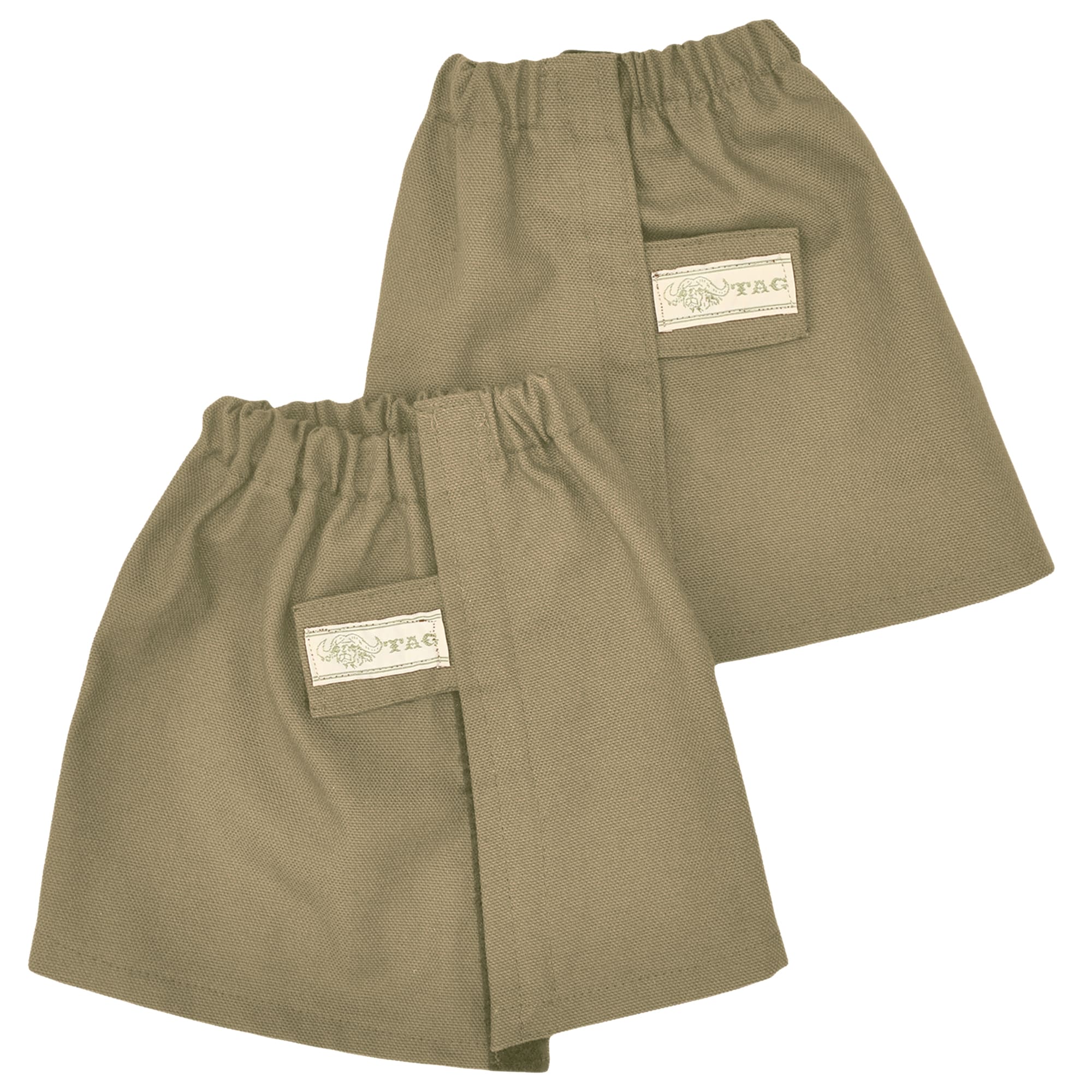 Back view of Tag Safari Canvas Ankle Gaiters in Khaki. Shows an elasticized top, a full-height Velcro closure, and a fabric Velcro strap with a Tag nameplate.--3