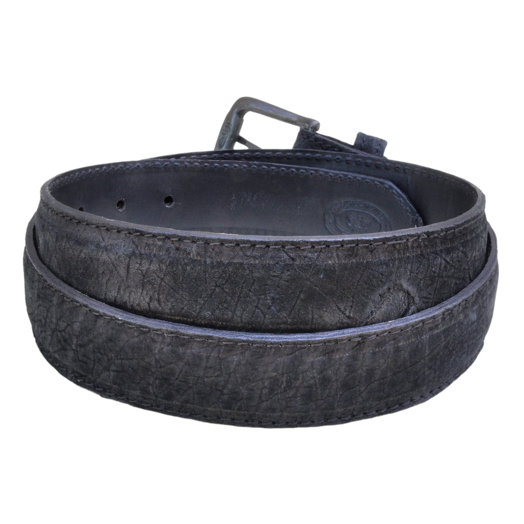 Hippo Leather Belt from Tag Safari in Black features a removable brass buckle, matching fixed belt keeper, waist adjustment holes, belt length adjustment screws, and an inside Tag branded logo.--3