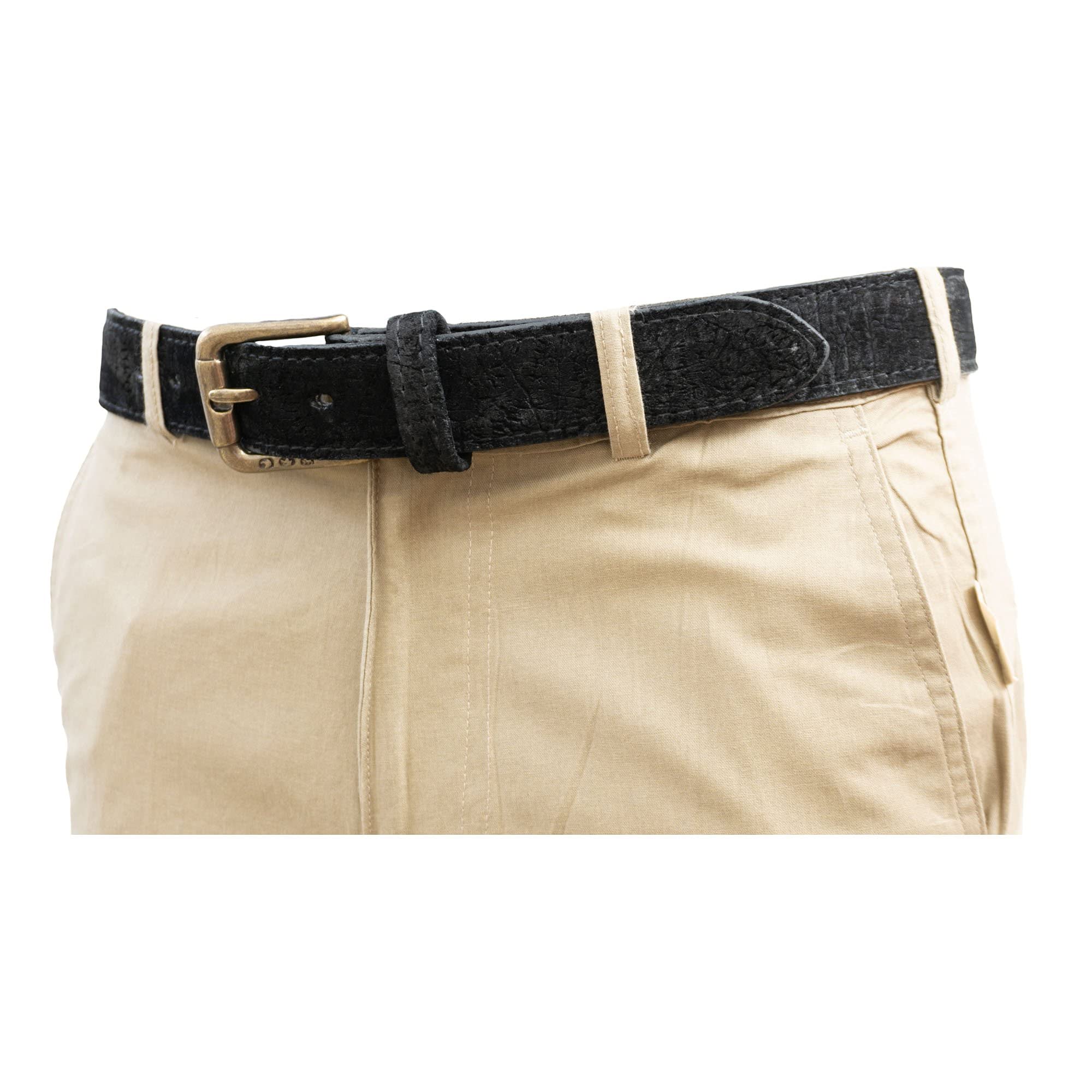 Hippo Leather Belt from Tag Safari in Black features a removable brass buckle, matching fixed belt keeper, waist adjustment holes, belt length adjustment screws, and an inside Tag branded logo.--5