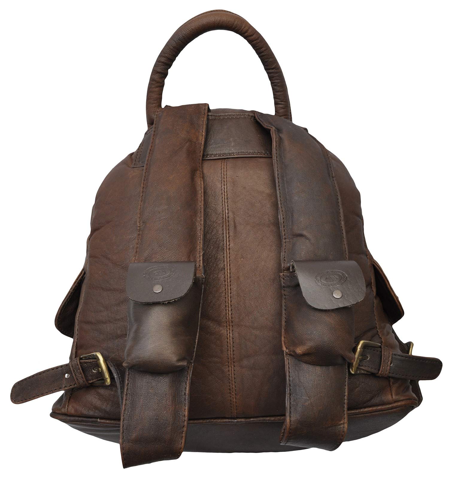 Impala Leather Backpack from Tag Safari in Brown features a buckled-flap top with embossed Tag logo, a cushioned handle, front and side flap-covered pockets, and adjustable padded shoulder straps with small flap-covered pouches.--2