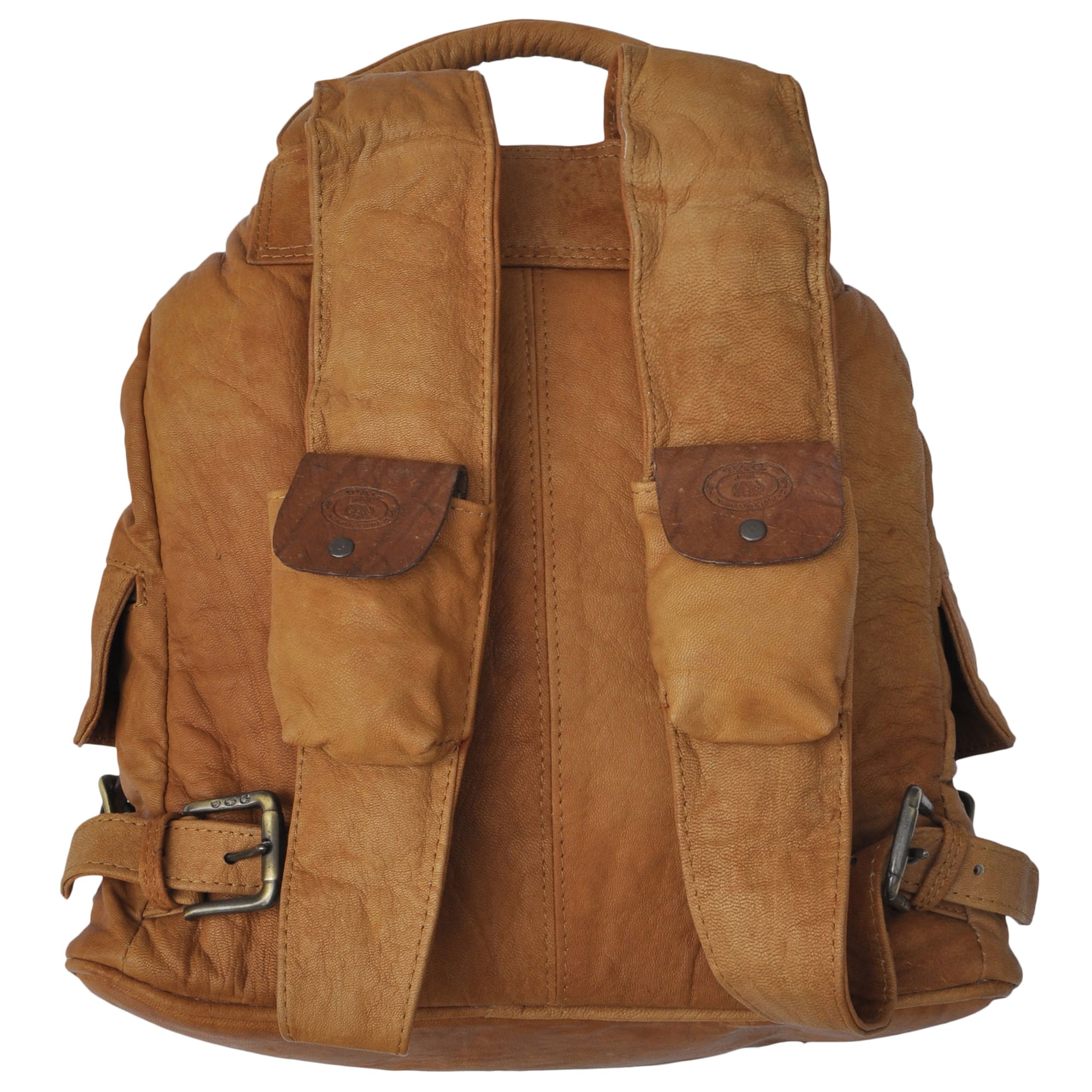 Impala Leather Backpack from Tag Safari in Tan features a buckled-flap top with embossed Tag logo, a cushioned handle, front and side flap-covered pockets, and adjustable padded shoulder straps with small flap-covered pouches.--2