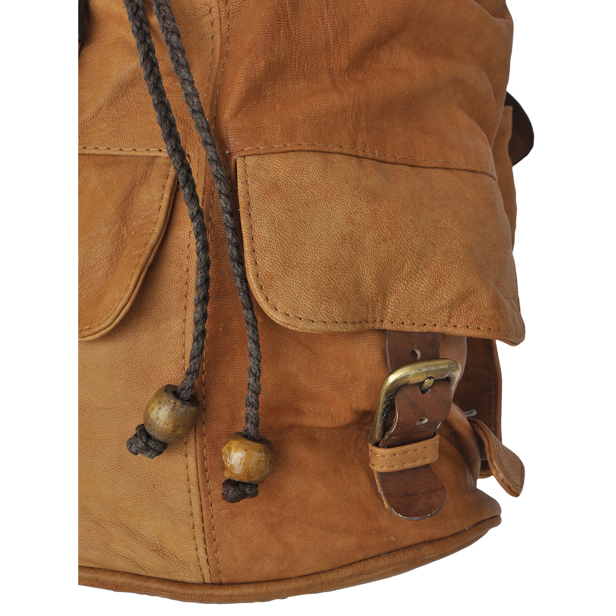 Impala Leather Backpack from Tag Safari in Tan features a buckled-flap top with embossed Tag logo, a cushioned handle, front and side flap-covered pockets, and adjustable padded shoulder straps with small flap-covered pouches.--4