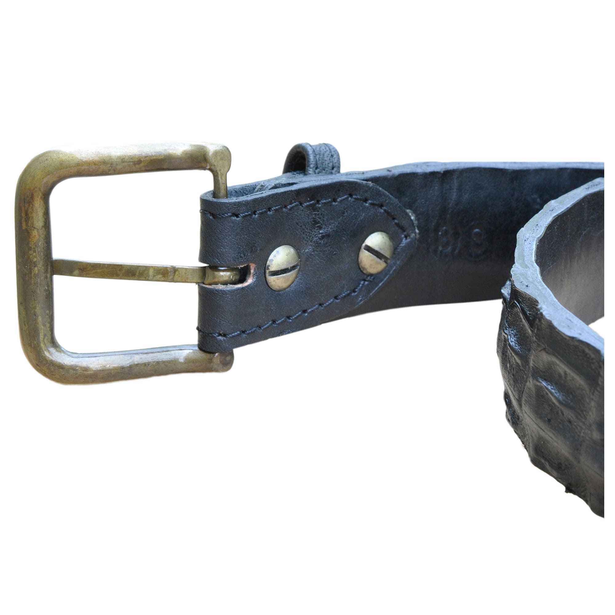 Crocodile Leather Belt from Tag Safari in Black features a removable brass buckle, matching fixed belt keeper, waist adjustment holes, belt length adjustment screws, and an inside Tag branded logo.--4