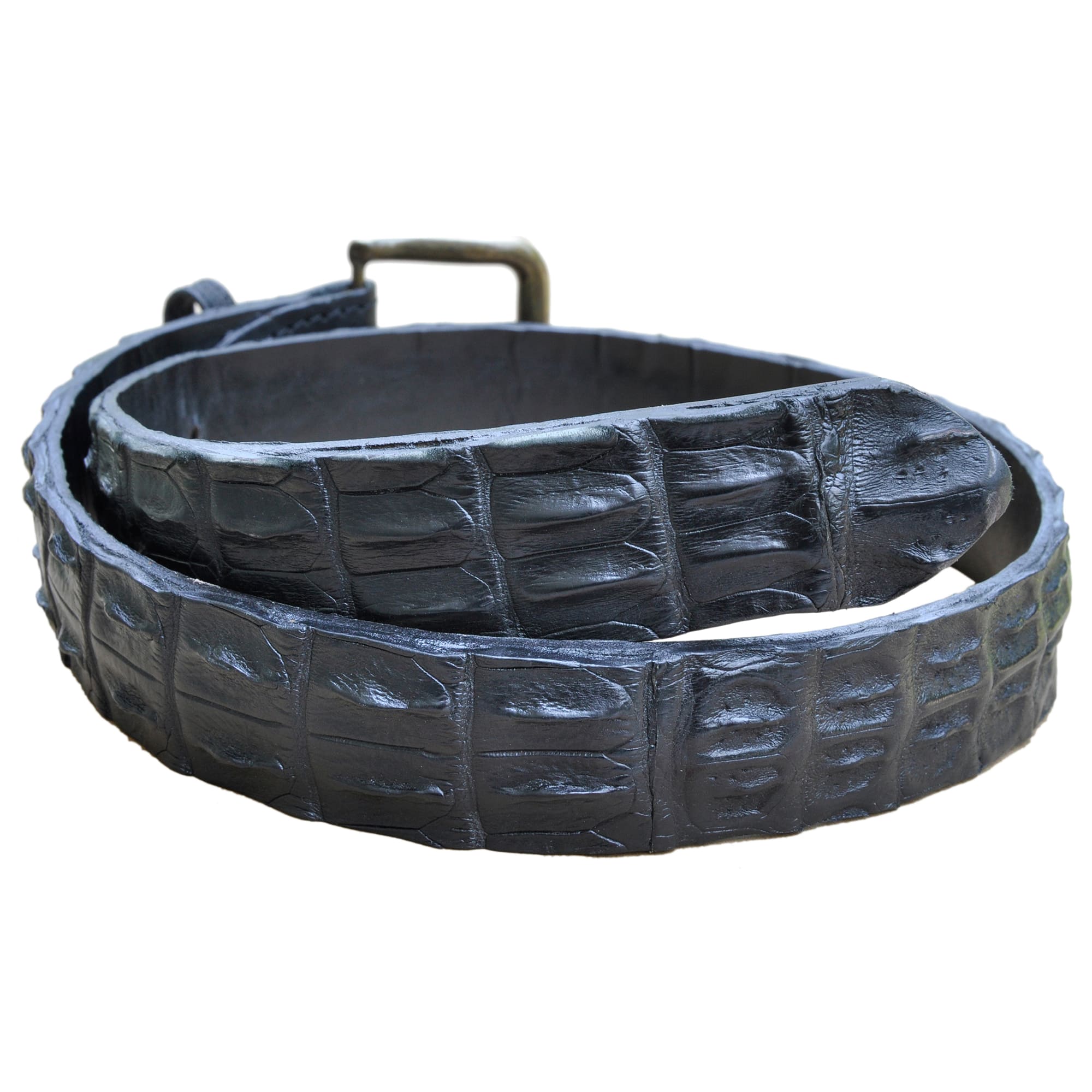Crocodile Leather Belt from Tag Safari in Black features a removable brass buckle, matching fixed belt keeper, waist adjustment holes, belt length adjustment screws, and an inside Tag branded logo.--2
