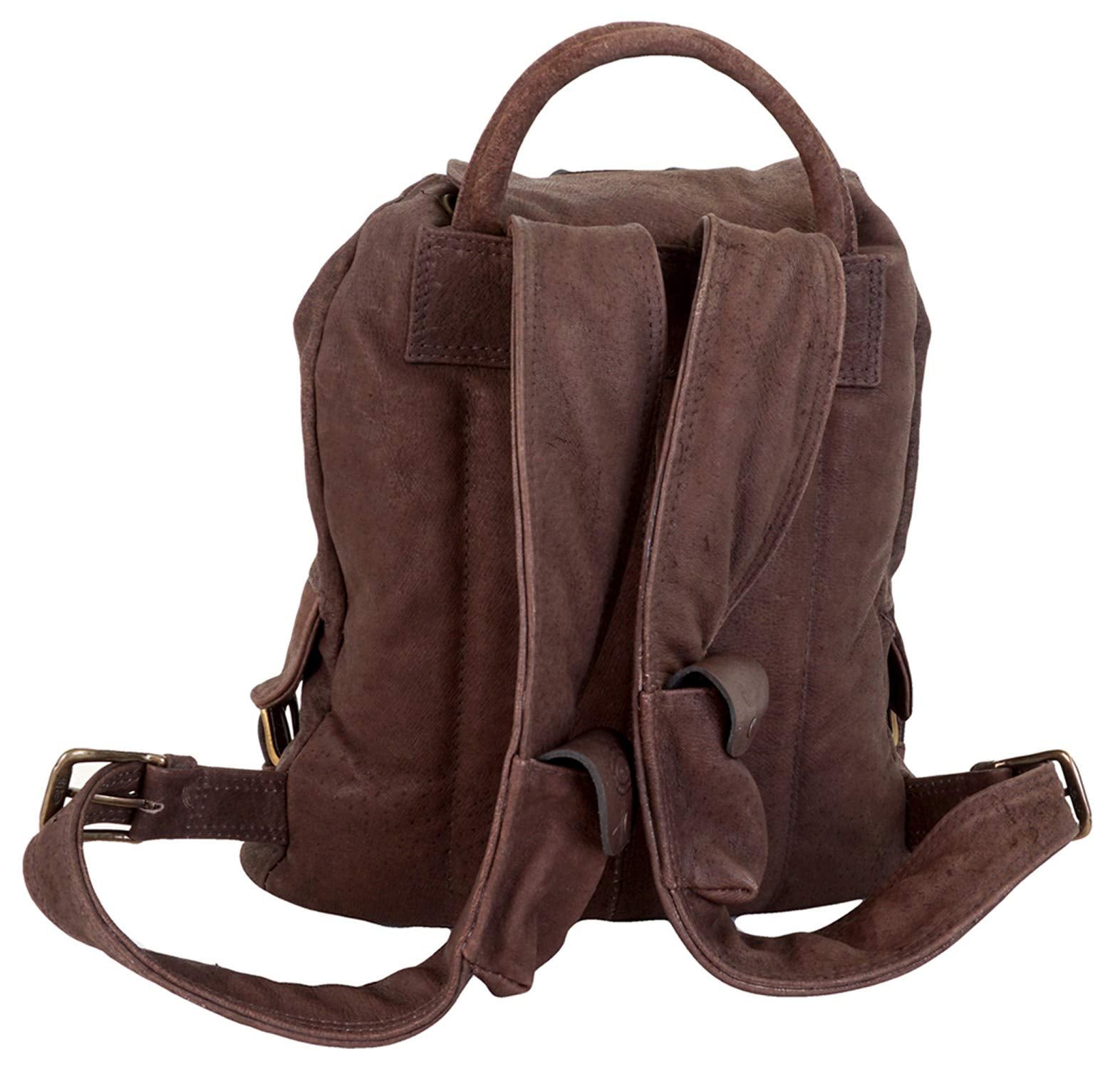 Back of a Tag Safari Warthog Leather Backpack in Brown. Shows a cushioned handle, side flap-covered pockets with buckles, and adjustable padded shoulder straps with flap-covered utility pouches.--2