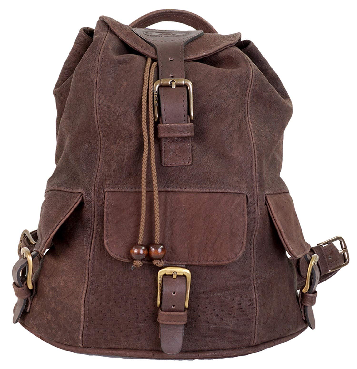 Front of a Tag Safari Warthog Leather Backpack in Brown. Shows a top flap with buckle and embossed Tag logo, top-closure draw cords, a cushioned handle, and front and side flap-covered pockets with buckles.--1