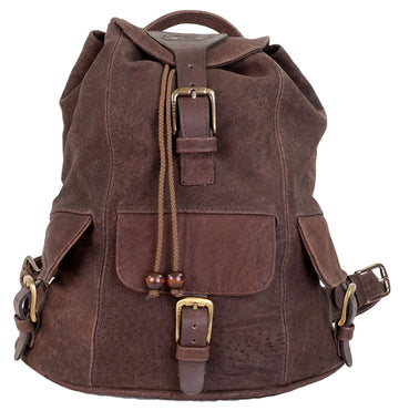 Warthog Leather Backpack from Tag Safari in Brown features a buckled-flap top with embossed Tag logo, a cushioned handle, front and side flap-covered pockets, and adjustable padded shoulder straps with small flap-covered pouches.