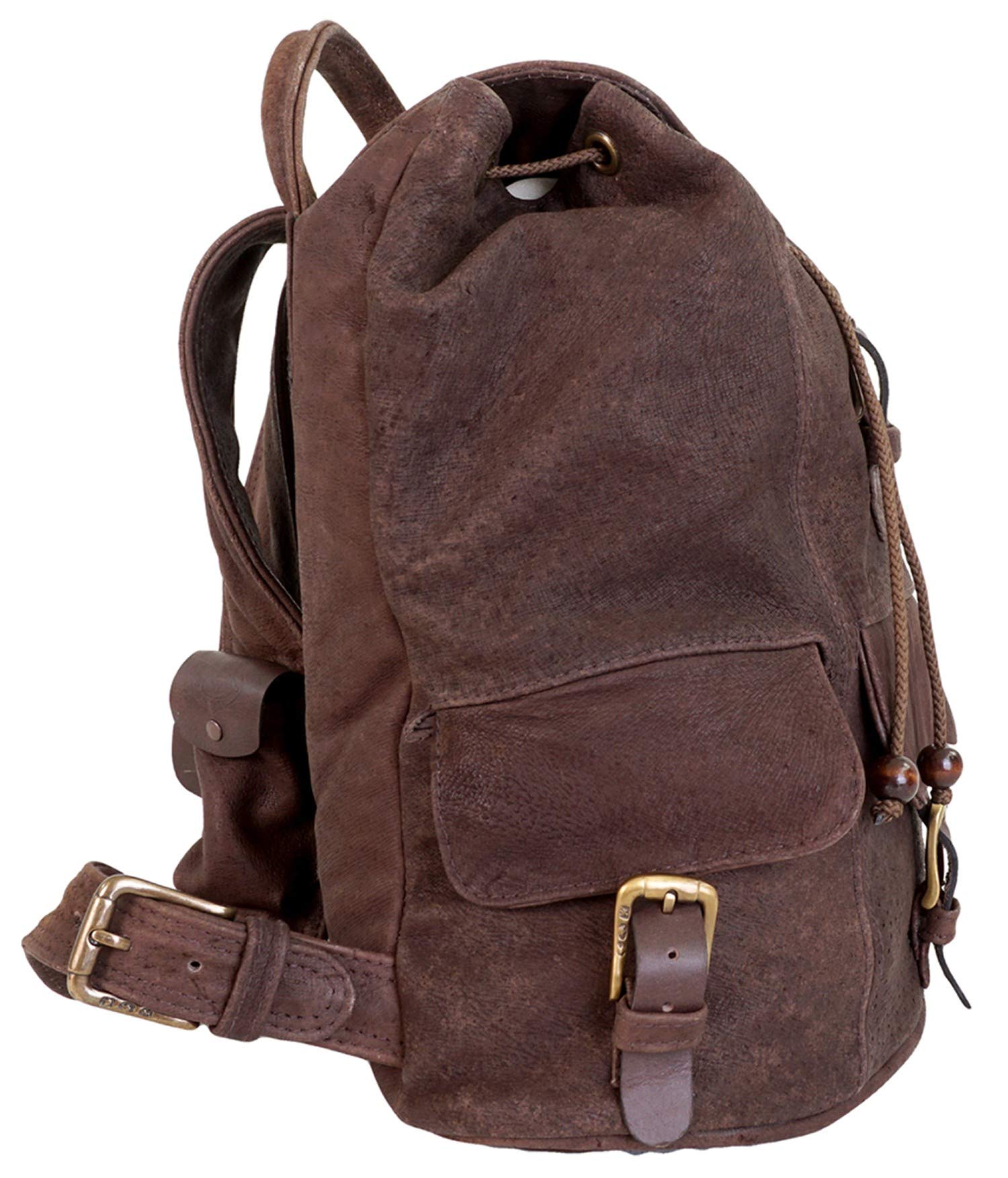 Side of a Tag Safari Warthog Leather Backpack in Brown. Shows a cushioned handle, top-closure draw cords, front and side flap-covered pockets with buckles, and adjustable padded shoulder straps with flap-covered utility pouches.--3