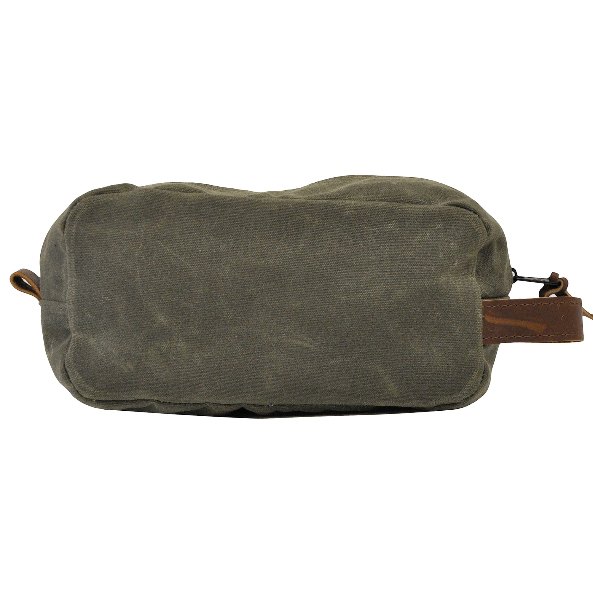 Back of a Tag Safari Waxed Cotton Canvas Toiletry Bag in Olive Green. Shows a zippered top, a leather hand strap on the left side, and a leather side loop on the right side.--2