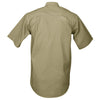 Back view of a Men's Safari Shirt in Short Sleeves, color Khaki. The shirt has buttoned roll-up tabs on the sleeve cuffs, double stitching throughout, and long rounded tails for tucking into pants. 100% cotton.