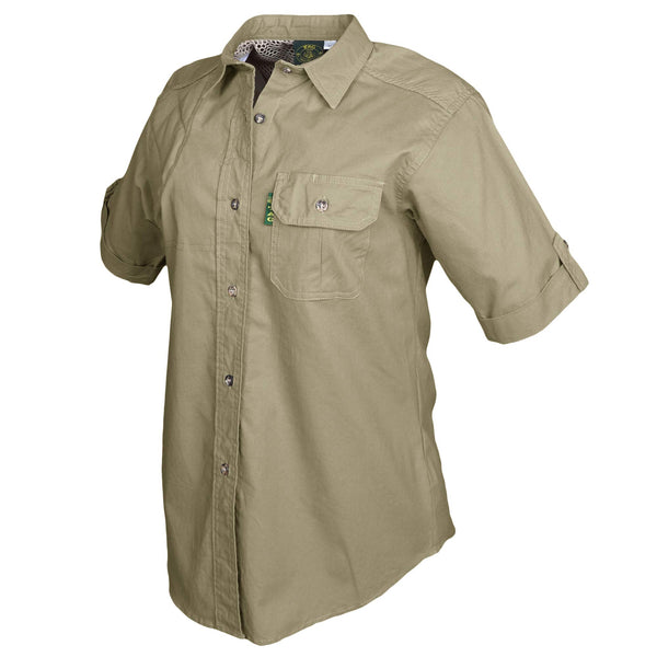 Side of a Woman's Clay Bird Shirt in Short Sleeves, color Khaki. The shirt has a quilted recoil pad at the right shoulder, a flap-covered chest pocket, a button-front placket, a stitched FITASC gun position line, double stitching throughout, and long rounded tails for tucking into pants. 100% cotton.