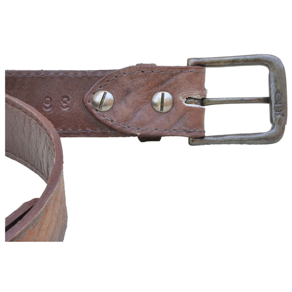 Closeup of a Cape Buffalo Game Skin Belt, color Brown. The belt has a solid brass buckle, two Chicago-style belt length adjustment screws, and a matching leather keeper loop. Genuine game skin leather.