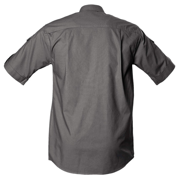 Back view of a Men's Shooter Shirt with Buffalo Logo in Short Sleeves, color Olive. The shirt has functional cross-stitched shoulder straps, double stitching throughout, and long rounded tails for tucking into pants. 100% cotton.