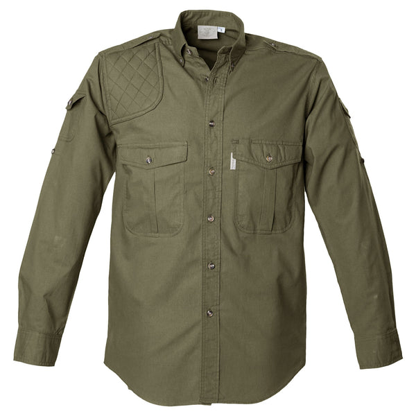 Front view of a Men's Shooter Shirt in Long Sleeves, color Moss. The shirt has a quilted shooting pad at the right shoulder, ammo pockets on the sleeves, two flap-covered chest pockets, button-down collars, functional cross-stitched shoulder straps, a button-front placket, double stitching throughout, and long rounded tails for tucking into pants. 100% cotton.