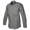 Side view of a Men's Shooter Shirt in Long Sleeves, color Olive. The shirt has a quilted shooting pad at the right shoulder, ammo pockets on the sleeves, two flap-covered chest pockets, button-down collars, functional cross-stitched shoulder straps, a button-front placket, double stitching throughout, and long rounded tails for tucking into pants. 100% cotton.