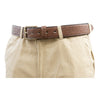 Front view of a Cape Buffalo Game Skin Belt, color Brown. The belt has a solid brass buckle, five waist adjustment positioning holes, two Chicago-style belt length adjustment screws, a matching leather keeper loop, and a Tag Safari logo branded inside. Genuine game skin leather.