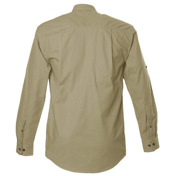 Back view of a Men's Safari Shirt in Long Sleeves, color Khaki. The shirt has buttoned Swiss tabs on the sleeves, double stitching throughout, and long rounded tails for tucking into pants. 100% cotton.