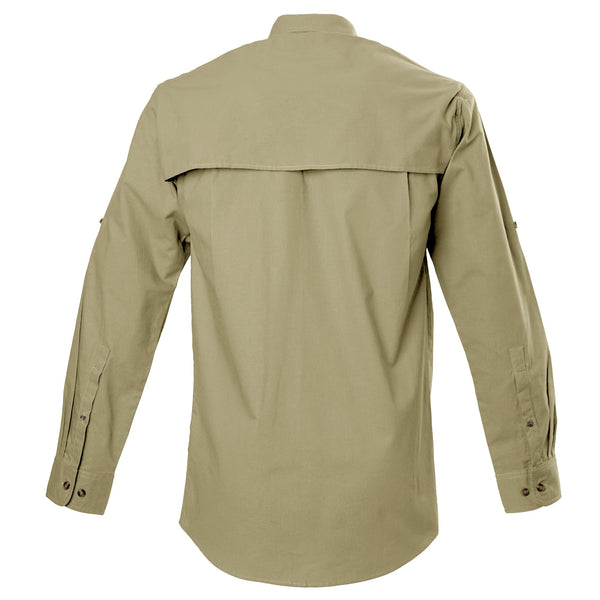 Back view of a Men's Left-Hand Shooter Shirt in Long Sleeves, color Khaki. The shirt has a mesh-lined vented back, buttoned Swiss tabs on the sleeves, double stitching throughout, and long rounded tails for tucking into pants. 100% cotton.