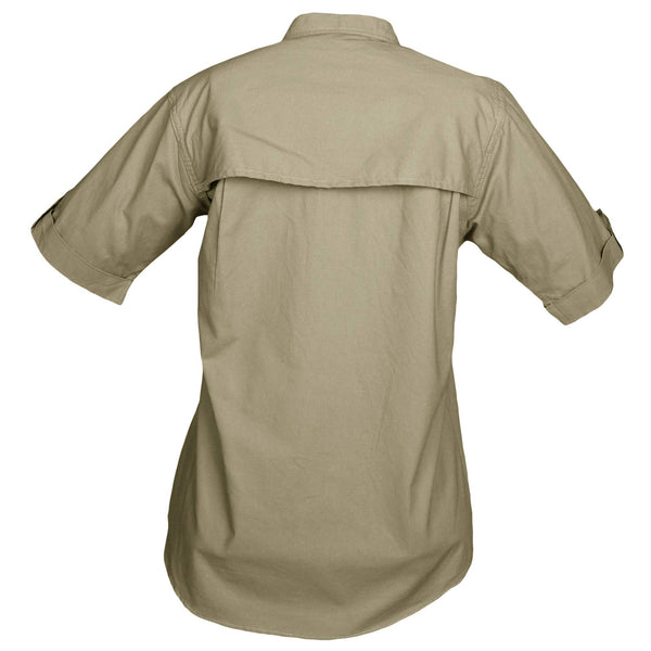 Back of a Woman's Clay Bird Shirt in Short Sleeves, color Khaki. The shirt has a mesh-lined vented back, double stitching throughout, and long rounded tails for tucking into pants. 100% cotton.