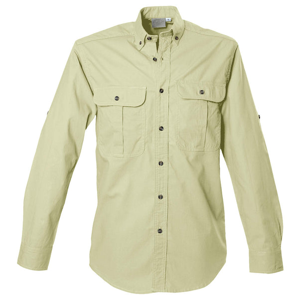Front view of a Men's Safari Shirt in Long Sleeves, color Stone. The shirt has two flap-covered chest pockets, button-down collars, buttoned Swiss tabs on the sleeves, a button-front placket, double stitching throughout, and long rounded tails for tucking into pants. 100% cotton.