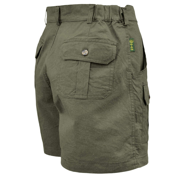 Back of Women's Pro Hunting Shorts, color Moss. The shorts have a 5 1/2